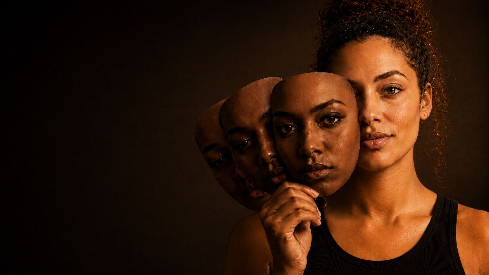 A woman holds several layered masks of her own face — each one a former identity falling away — revealing her true, unguarded self in warm bronze light.