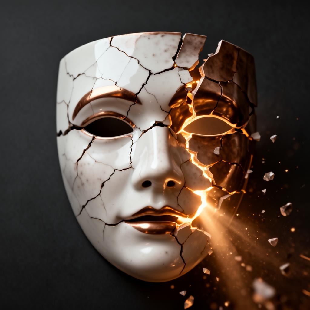 A cracked porcelain mask with warm bronze light breaking through
